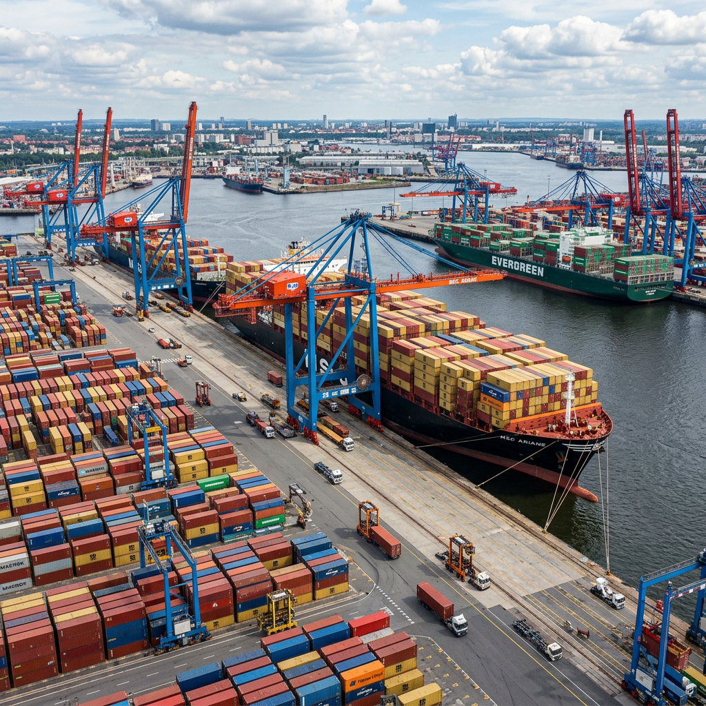 Container ships and cranes operating among stacked cargo containers at a busy port