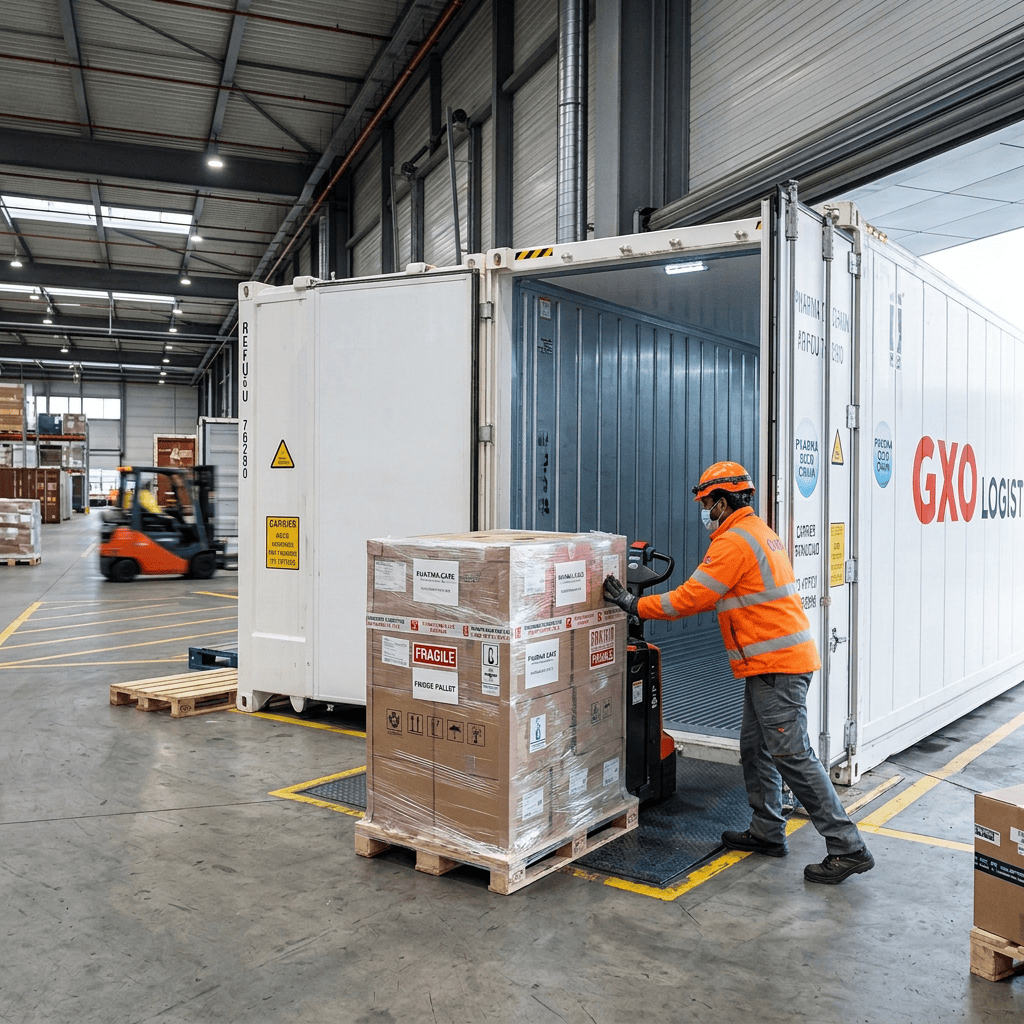 Worker using a pallet jack to load a fragile pallet into a reefer container